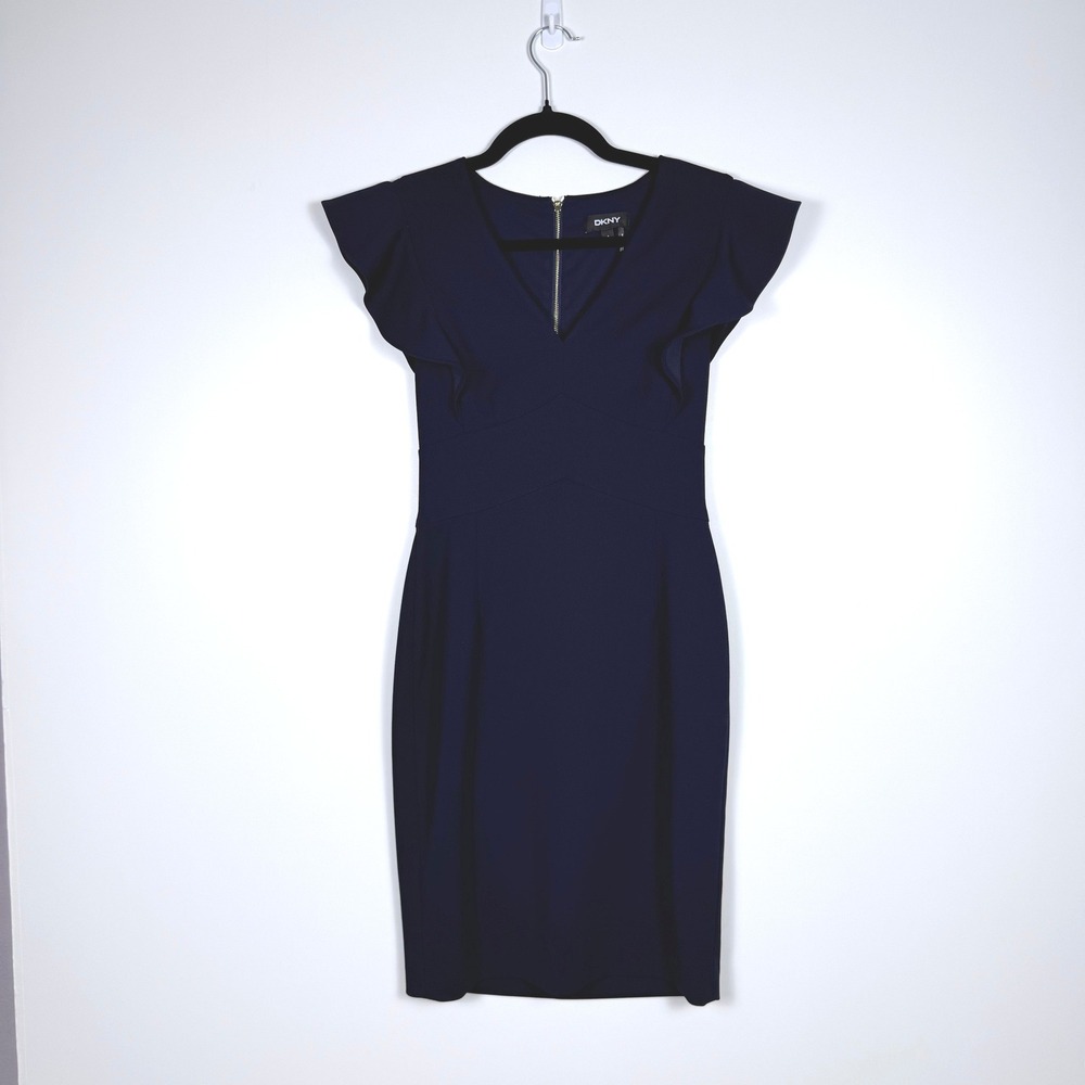 DKNY Navy Blue Flutter Sleeve V Neck Sheath Dress 2 Work office Career Cocktail